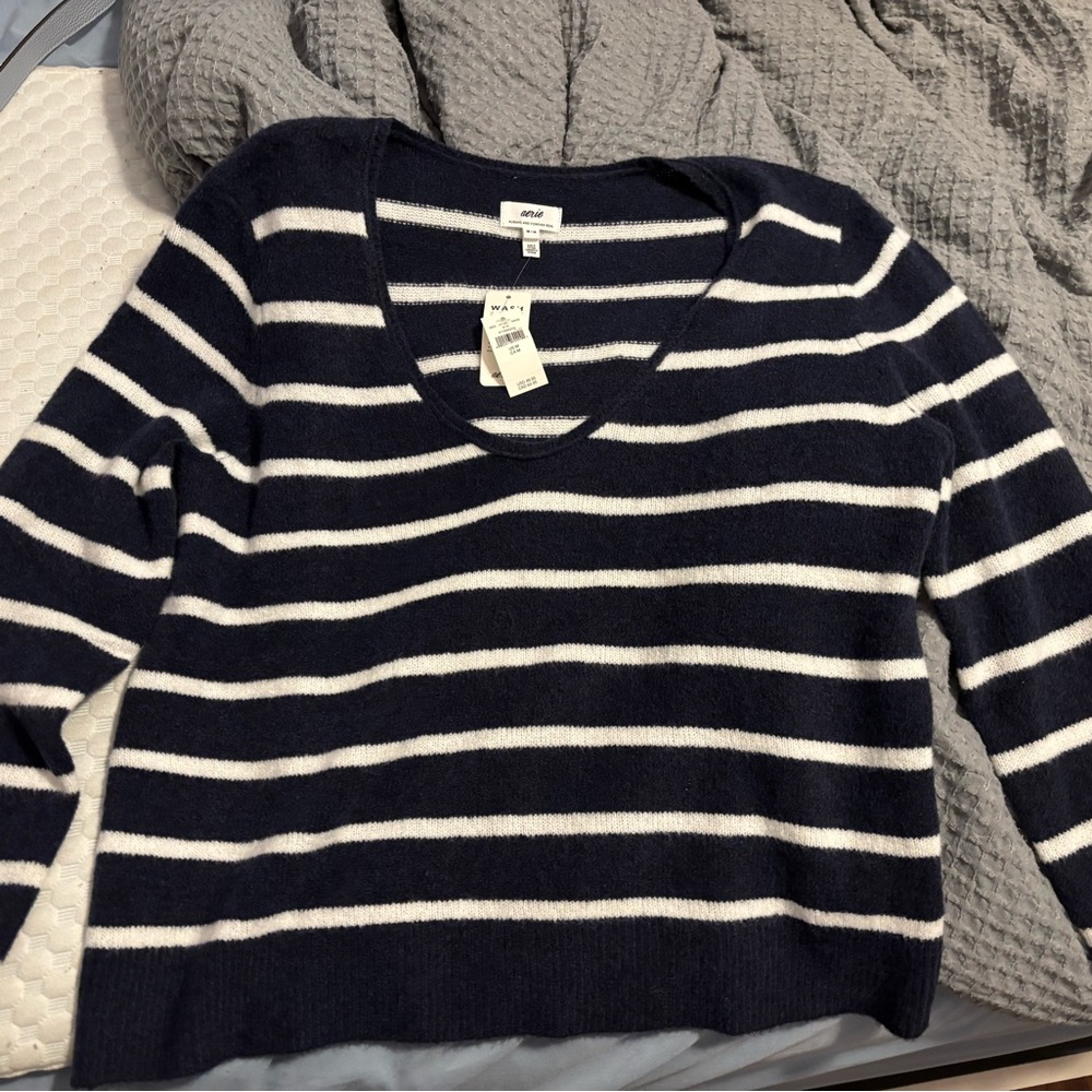 Aerie navy blue and white striped v-neck sweater, new with tags.